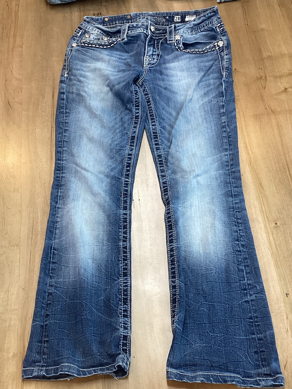 Miss Me Distressed Blue Bootcut Jeans with Contrast Stitching